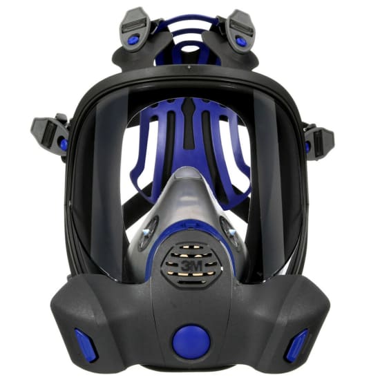 3M Secure Click FF-802 Medium full face respirator with large lens, speaking diaphragm, and quad-flow filter system for safety.