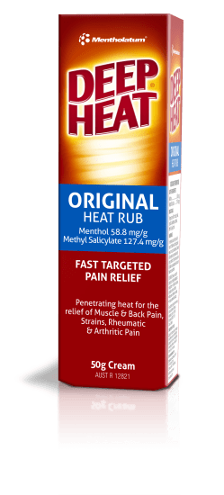 Mentholatum Deep Heat balm in 50g packaging for effective relief from muscle and joint pain and discomfort.