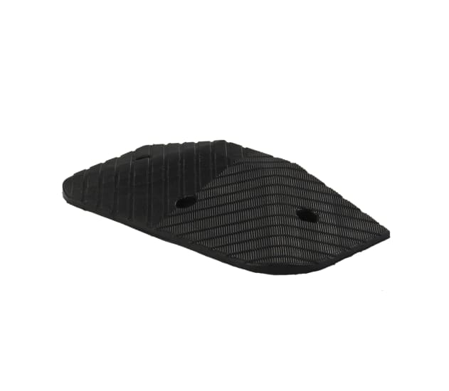 Heavy duty black end cap speed hump, 250W x 550D, made of durable rubber for high-traffic safety and easy installation.