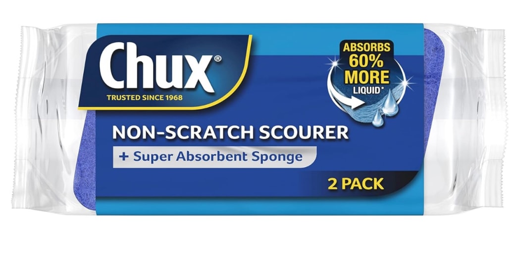 Chux Non Scratch Scourer Sponge 2pk features gentle pads for delicate surfaces, absorbent sponges, and angled design for tight corners.