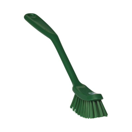 Narrow green dish brush, 290mm, ergonomic grip for efficient cleaning in tight spaces, made of durable polypropylene and stainless steel.