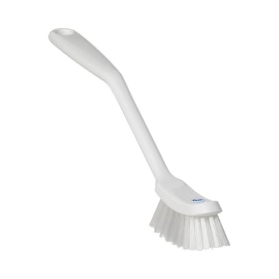 Narrow white dish brush (290mm) with ergonomic grip for effective cleaning in tight kitchen spaces.
