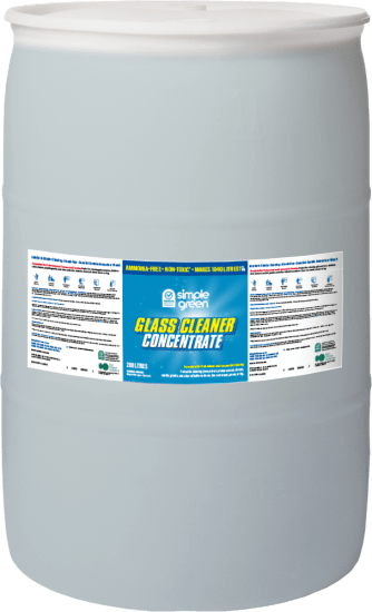 Eco-friendly Simple Green Glass Cleaner Concentrate 208L, makes 1040 litres of streak-free cleaner for various surfaces.