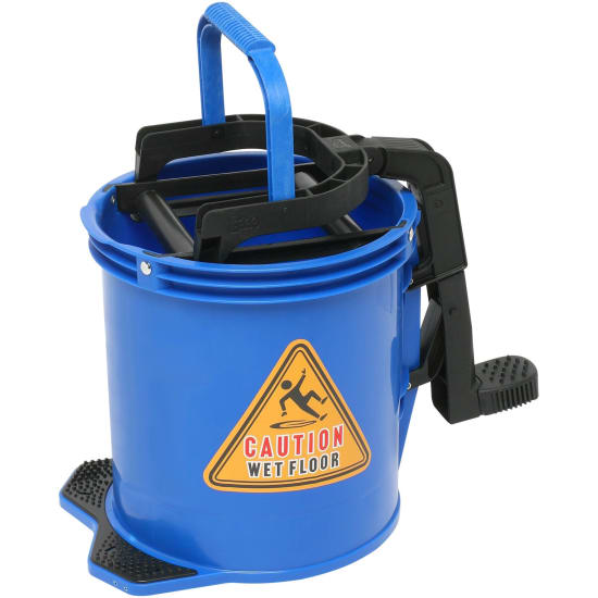 EDCO Enduro Blue 16L wringer bucket with durable nylon, double-sided foot pedal, and easy-glide ergonomic design.