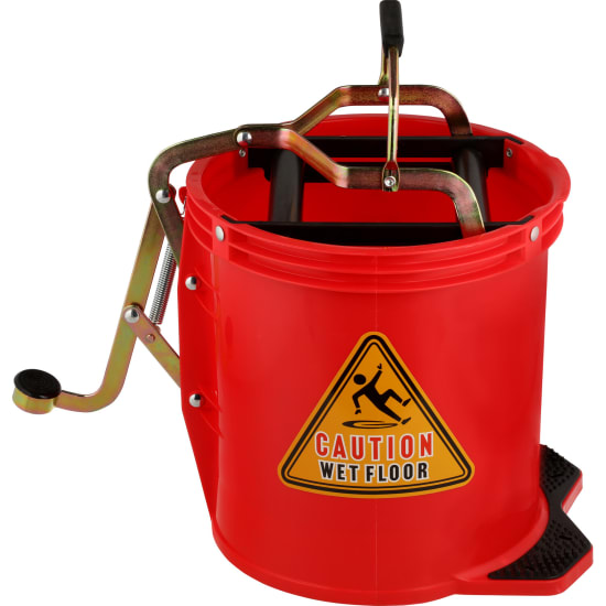 Filta Wringer Red Bucket 16L for efficient floor cleaning, featuring a foot press wringer and durable metal castors for easy mobility.