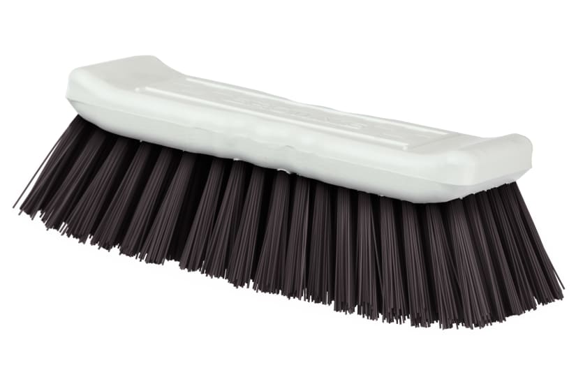 Browns Dairy Scrub Brush Black: 200mm wide, durable plastic brush with synthetic bristles for effective cleaning in dairy settings.