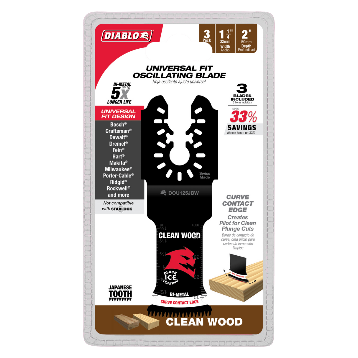 Diablo Bi-Metal Multi-Tool Blades - Clean Wood 50 x 32mm Pack of 3