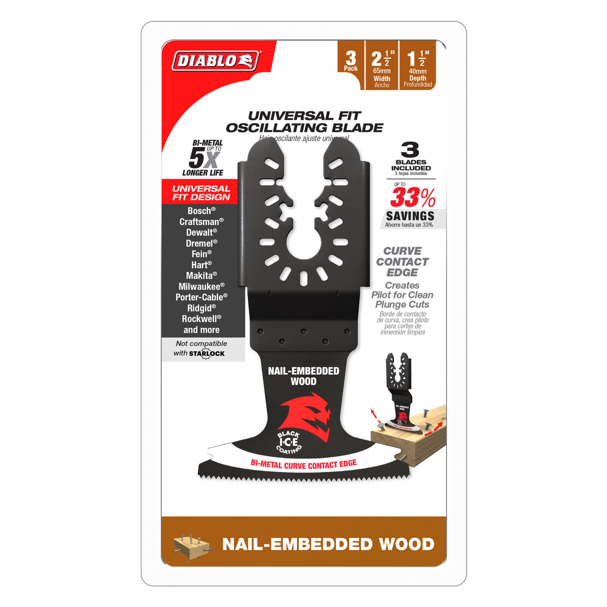Diablo Bi-Metal Multi-Tool Blades - Nail Wood 50 x 65mm Pack of 3