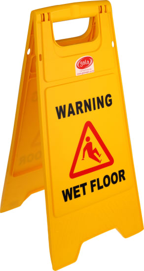 Bright yellow A-frame wet floor safety sign for alerting to slippery surfaces, ensuring workplace safety and visibility.