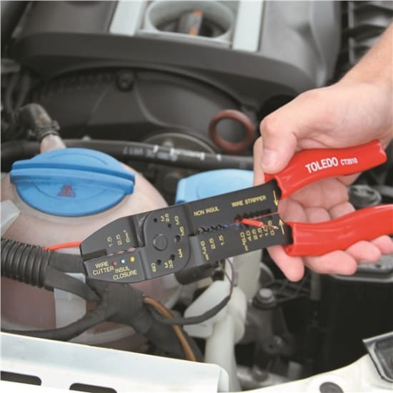 Toledo Combination Crimping Tool-240mm with ergonomic handles for crimping, cutting, wire stripping, and screw cutting tasks.