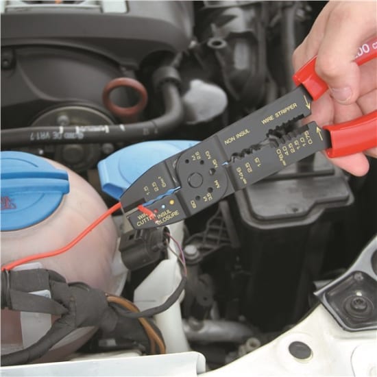 Toledo Combination Crimping Tool-240mm, a versatile tool for cutting, crimping, and stripping wires with ergonomic grips.