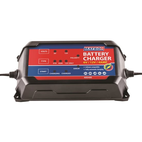 Matson Lithium Battery Charger 6/12V, compact and automatic, revives dead batteries with advanced 7-stage charging and safety features.
