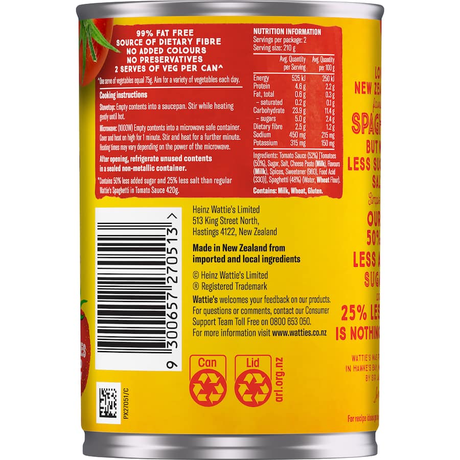 Watties Spaghetti 50% Less Added Sugar Can 420g