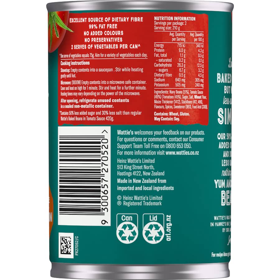 Wattie's Baked Beans 50% Less Added Sugar Can 420g
