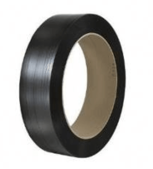 Eco-friendly Fromm PET Strap in black, 16 x 1mm, 1100m roll, offers strong, durable packaging solution with 610kg break force.