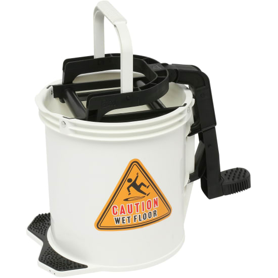 EDCO Enduro Nylon Wringer Bucket in white, 16L, features a durable wringer, non-slip pedal, and easy-glide wheels for efficient cleaning.
