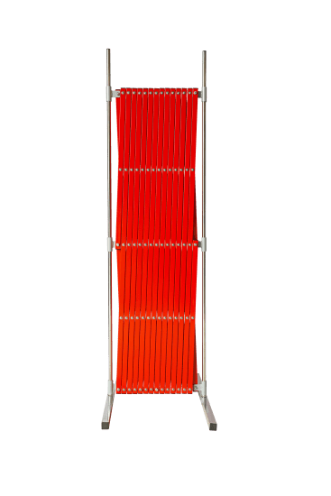 Bright red expandable safety barrier, 2m high and 4m long, designed for restricting access and enhancing workplace safety.