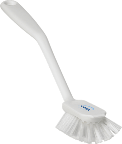 Vikan Heavy Duty Brush 280mm with angled bristles and scraper tip for effective cleaning in hard-to-reach areas.