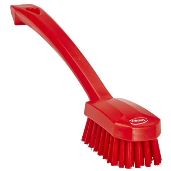 Vikan medium bristle utility brush in red, 260mm, ideal for safely cleaning small surfaces like tables and pots.