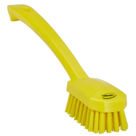 Yellow Vikan utility brush with medium bristles, ergonomic handle, and wide head for efficient cleaning of small surfaces.