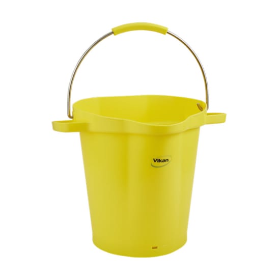 Vikan Heavy Duty 20L Yellow Bucket, ideal for mixing and storing solids or liquids, features ergonomic handles and accurate measurements.