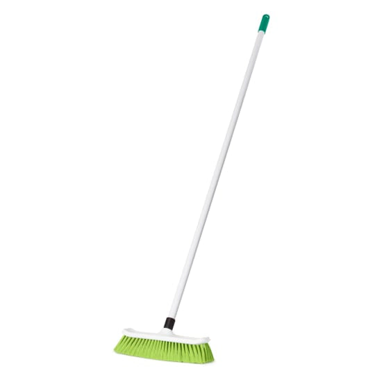 Browns Hygiene House Broom in green, 300mm wide with a 1.3m fiberglass handle, perfect for effective cleaning in any space.