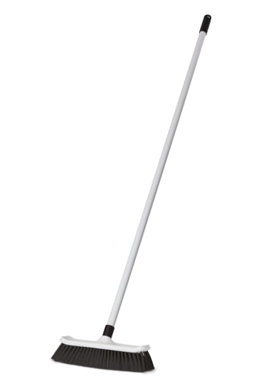 Browns Hygiene House Broom in black, with 300mm soft bristles and 1.3m fiberglass handle for efficient cleaning.