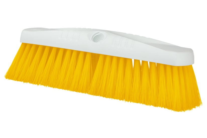 Browns Hygiene Platform Broom Head in yellow, 355mm wide, with durable synthetic bristles for efficient cleaning.