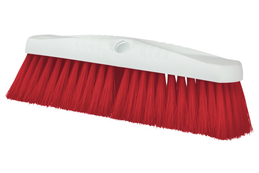 Browns Hygiene Platform Broom Head in red, 355mm wide, synthetic bristles for efficient cleaning and hygiene maintenance.