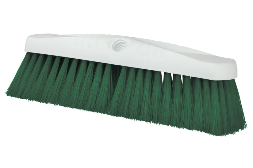 Browns Hygiene Platform Broom Head in green, 355mm wide, features synthetic bristles for effective cleaning in hygiene-sensitive areas.
