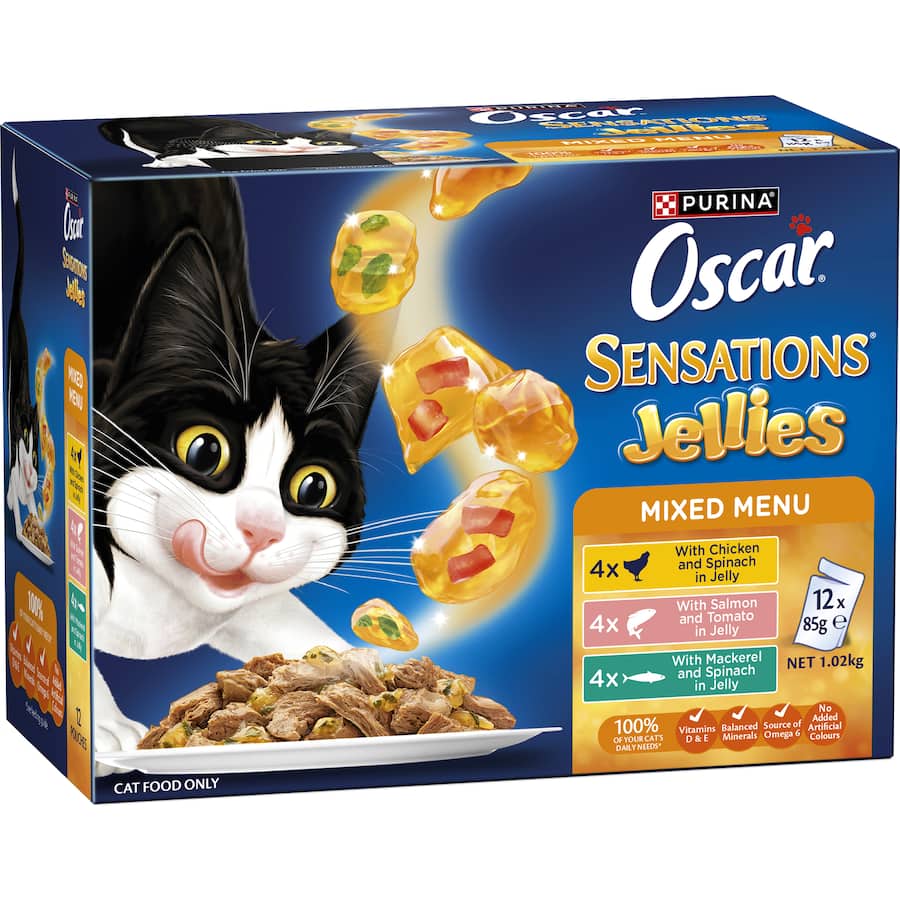 Oscar Sensations Jellies Wet Cat Food Mixed Menu Jelly Pouches 12x85g