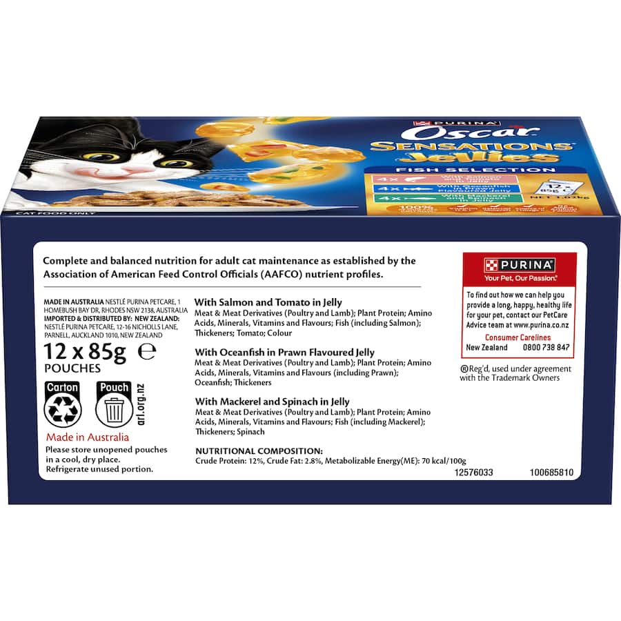 Oscar Sensations Jellies Wet Cat Food Fish Selection Jelly Pouches 12x85g