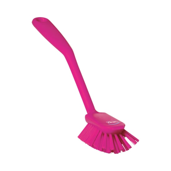Heavy-duty pink cleaning brush with angled bristles and scraper, designed for efficient cleaning in tight spaces.