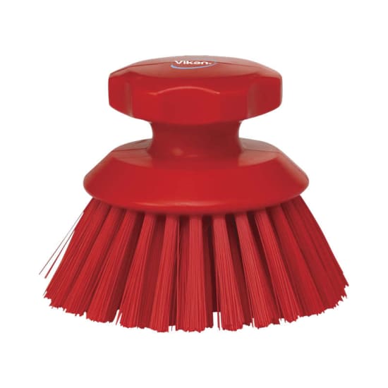 Vikan Round Hand Scrub Brush in red, 130mm, with angled bristles for efficient cleaning in tight spaces and raised grip for hand protection.