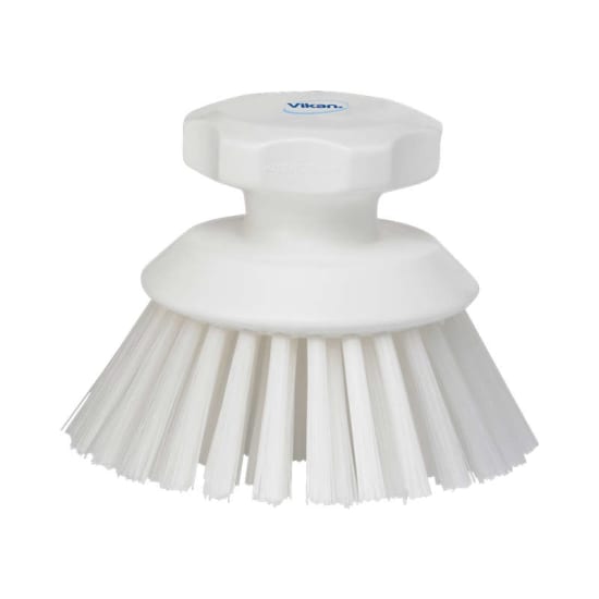 Vikan Round Hand Scrub Brush in white, 130mm, featuring raised grip and angled bristles for effective cleaning in tight spaces.