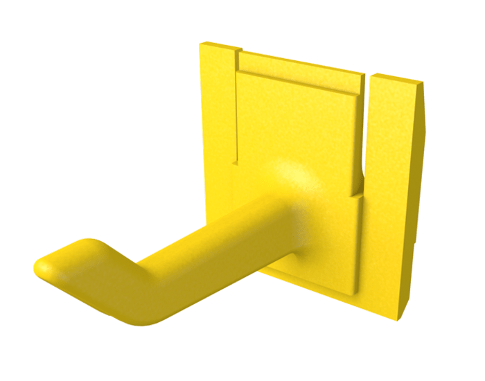Bright yellow Toolflex hook for organizing tools, easily slides into rail track for secure storage in garages or workshops.