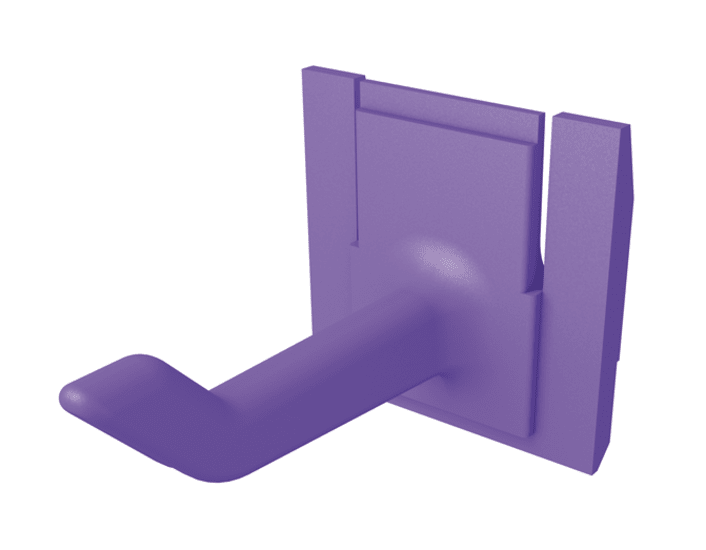 Purple Toolflex hook for organizing tools and equipment, easily clicks into rail track for secure, clutter-free storage.