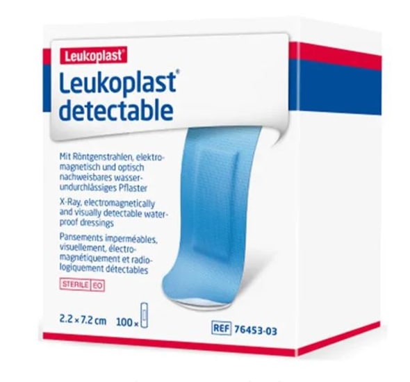 Blue Leukoplast X Ray Detectable Plasters, pack of 100, offering waterproof, breathable protection for minor wounds; detectable by x-ray.