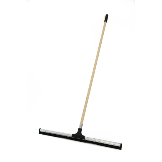 Durable 750mm floor squeegee with 1.35m wooden handle and double-bladed rubber head for effective cleaning without streaks.