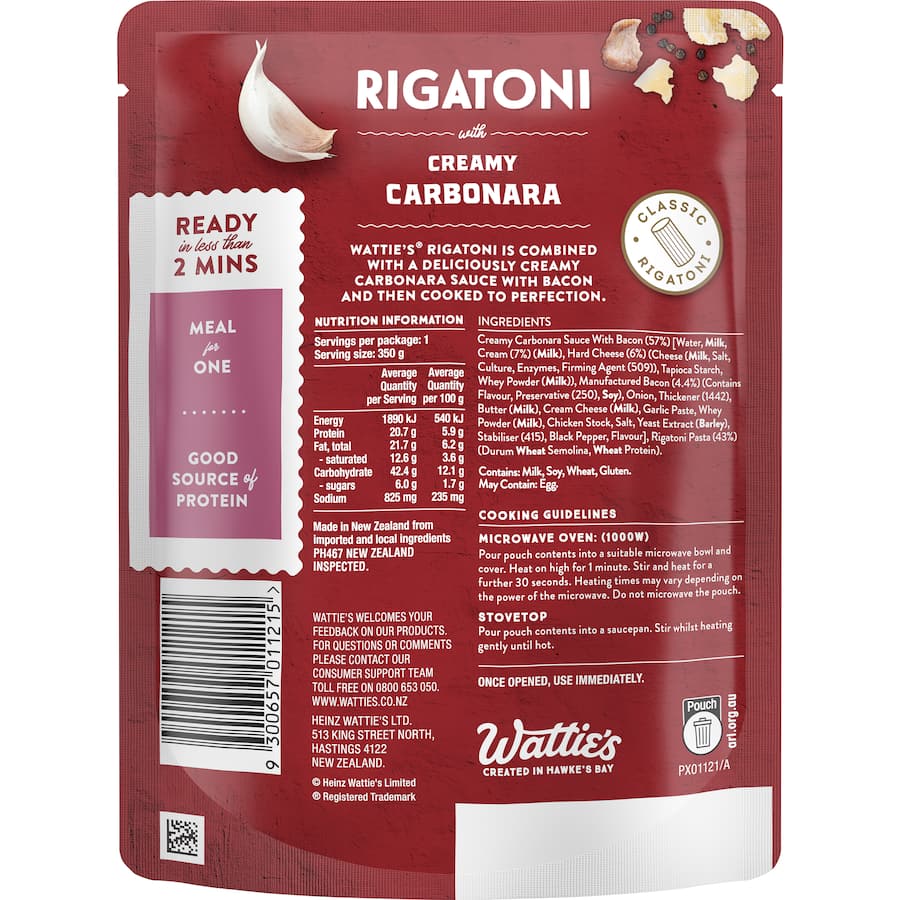 Wattie's Pasta Meal Rigatoni Carbonara & Bacon Pouch 350g