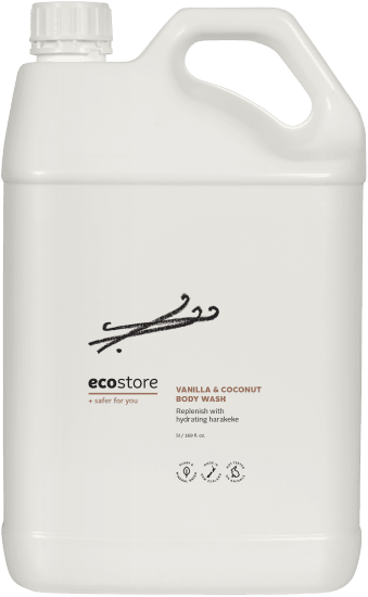 Ecostore Vanilla & Coconut Body Wash in a 5L container, featuring tropical scent and nourishing plant-based ingredients.