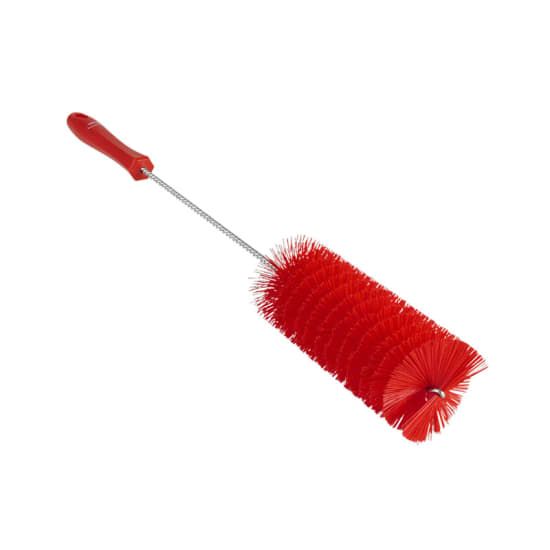 Red Vikan Stiff Bristle Tube Brush with 60mm diameter, ideal for cleaning pipes and tight spaces with durable stainless steel rod.