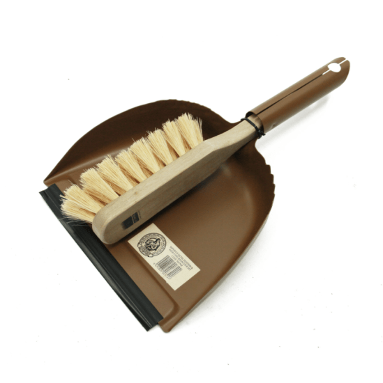 Stylish Browns Metal Dustpan & Brush Set with wooden-handled brush and natural bristles for efficient, eco-friendly cleaning.