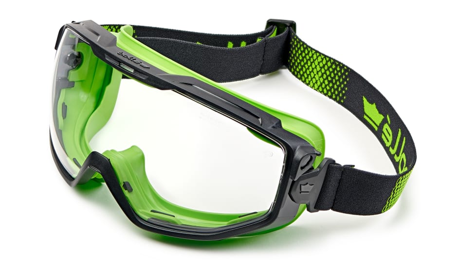 Bolle Universal Sealed Safety Goggles featuring a Black/Green frame, anti-fog lens, and ergonomic design for optimal eye protection.