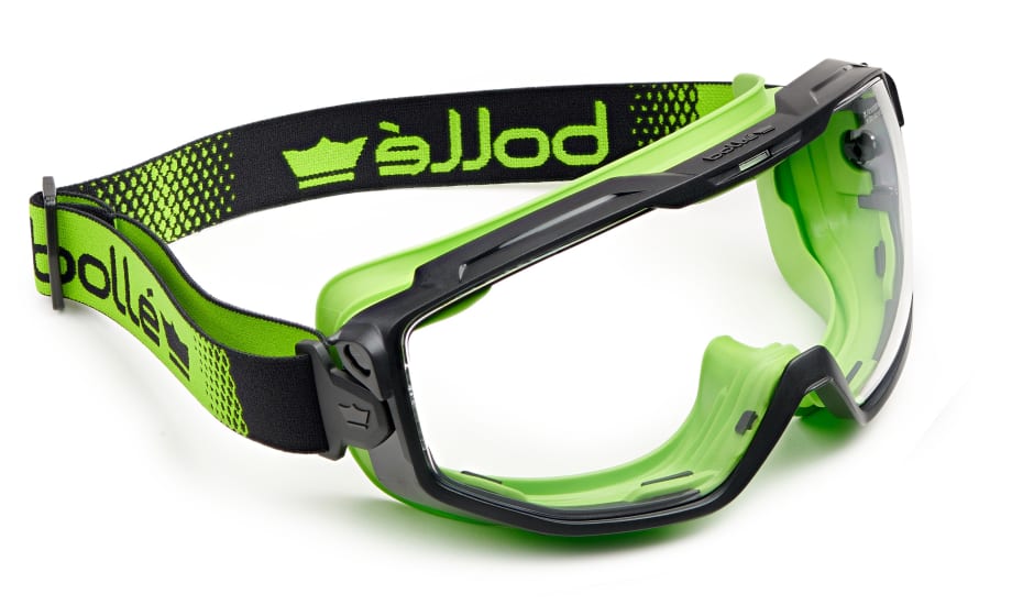 Bolle Universal Sealed Safety Goggle with ergonomic design, anti-fog lens, and durable black/green frame for optimal eye protection.