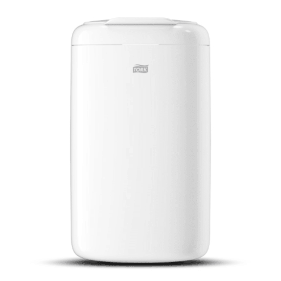 White Tork B3 Rubbish Bin, 5L, modern design with self-closing lid, ideal for hygienic waste disposal in small washrooms.