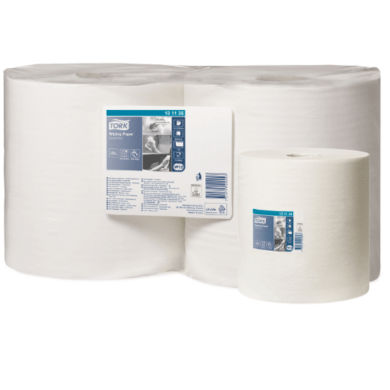 Tork W1,2 Wiping Paper Combi Roll, 2 rolls of 460m white paper for efficient spill absorption and eco-friendly cleaning.