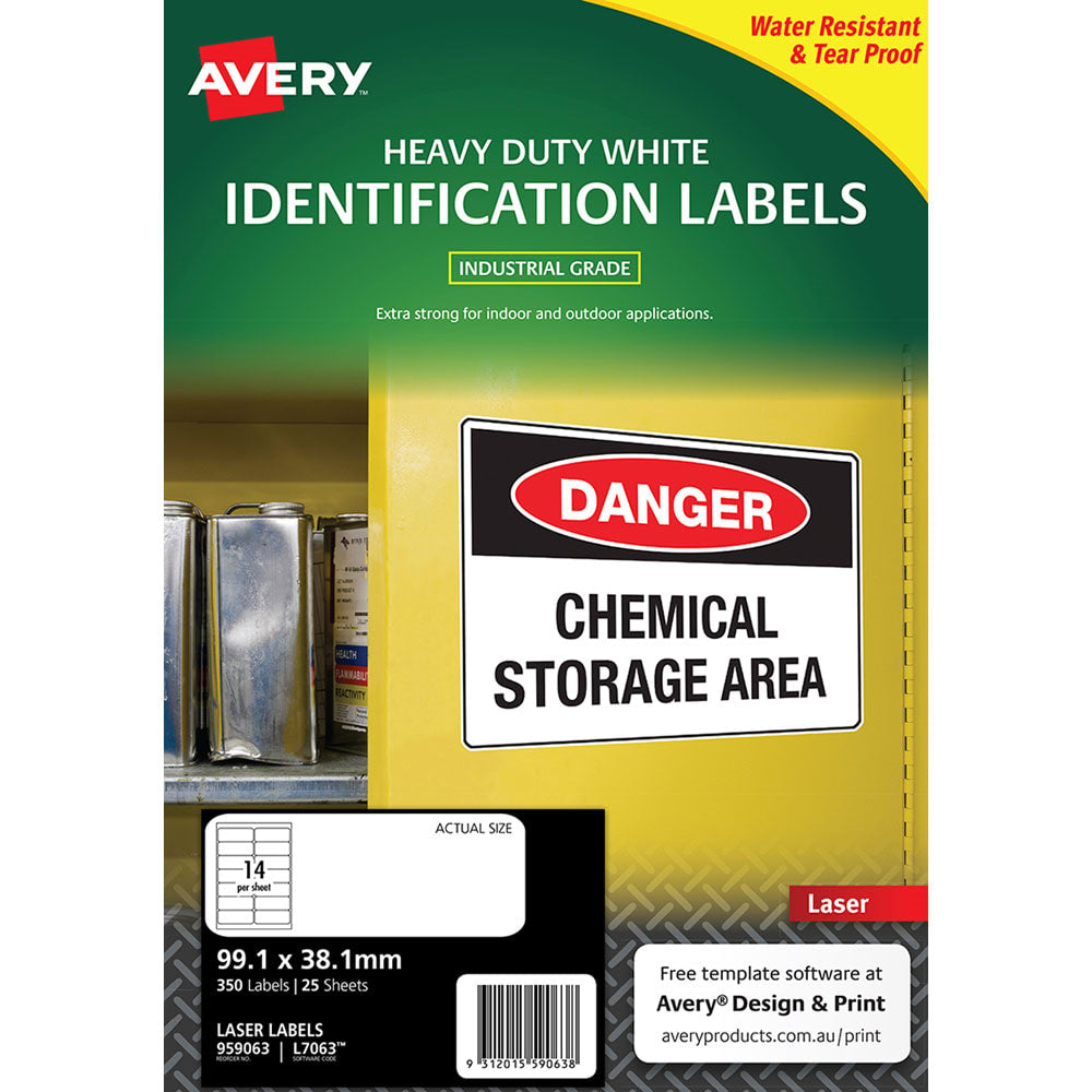 Avery Heavy Duty ID Label L7063 White Laser 99.1x38.1mm 14up 25 (Sheets)