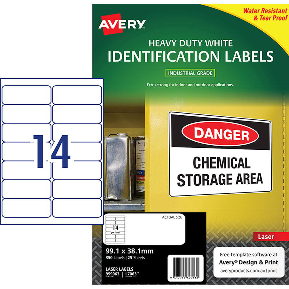 Avery Heavy Duty ID Label L7063 White Laser 99.1x38.1mm 14up 25 (Sheets)