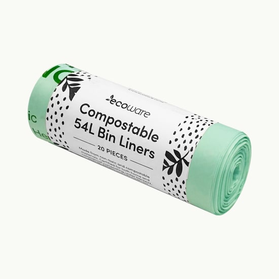 Ecoware 54L compostable bin liners, 312.5mm x 740mm, durable, non-toxic, ideal for eco-friendly waste management.